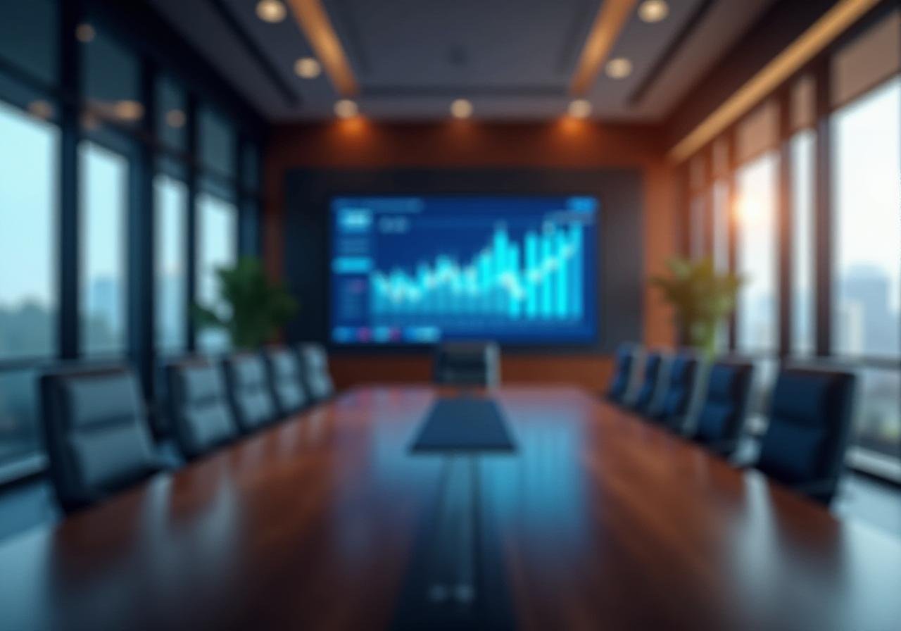Executive conference room with modern financial data displays