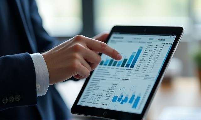 Business professional reviewing detailed balance sheet and economic reports