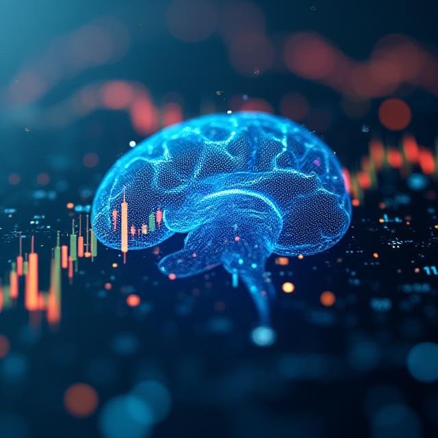 Artificial Intelligence neural network visualization over stock market charts